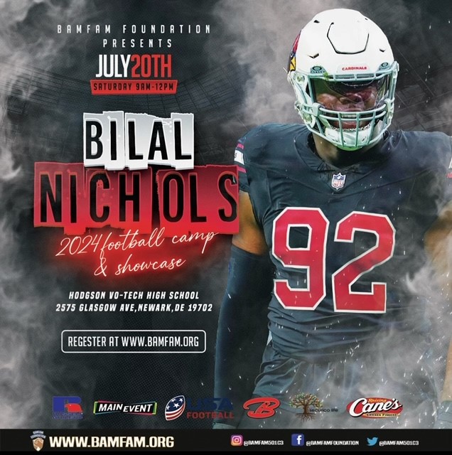 Bilal is back with his 3rd annual Bilal Nichols football camp! Come out for fun filled day lead by Bilal and other NFL and Delaware football greats! Visit bamfam.org to register! @BNichols98