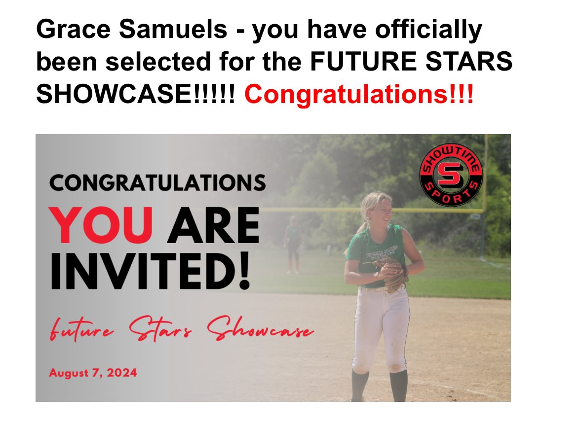 Grace Samuels 2027 (@gracesamuels36) on Twitter photo I’m so excited to have been selected for the <a href="/ShowtimeSports1/">Showtime Sports</a> future stars showcase!! Thank you for the invite!! @rebels2027a <a href="/CoastRecruits/">Coast 2 Coast Recruits</a> <a href="/SBRRetweets/">Softball Recruiting Reposts</a> <a href="/CoachMcFalls/">Jen</a> <a href="/UNC_BearsSB/">UNC Bears Softball</a> <a href="/KUSoftball/">Kansas Softball</a> <a href="/SoftballPros/">CollegeSoftballProspects</a> I’m so excited to have been selected for the <a href="/ShowtimeSports1/">Showtime Sports</a> future stars showcase!! Thank you for the invite!! @rebels2027a <a href="/CoastRecruits/">Coast 2 Coast Recruits</a> <a href="/SBRRetweets/">Softball Recruiting Reposts</a> <a href="/CoachMcFalls/">Jen</a> <a href="/UNC_BearsSB/">UNC Bears Softball</a> <a href="/KUSoftball/">Kansas Softball</a> <a href="/SoftballPros/">CollegeSoftballProspects</a>