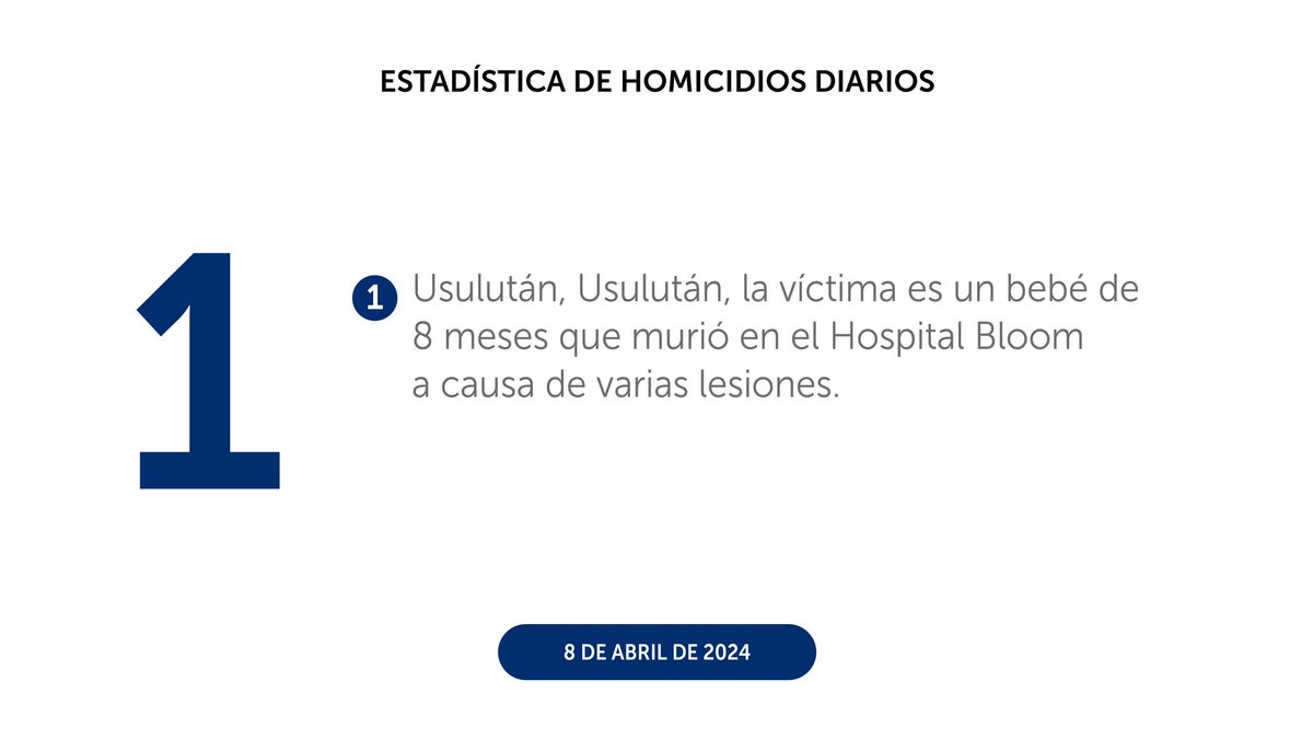 Un bebé de 8 meses fue asesinado ayer, de acuerdo con la Policía, la víctima fue trasladada desde Usulután hasta el Hospital de Nacional de Niños Benjamín Bloom, donde falleció a causa de las lesiones. 👇