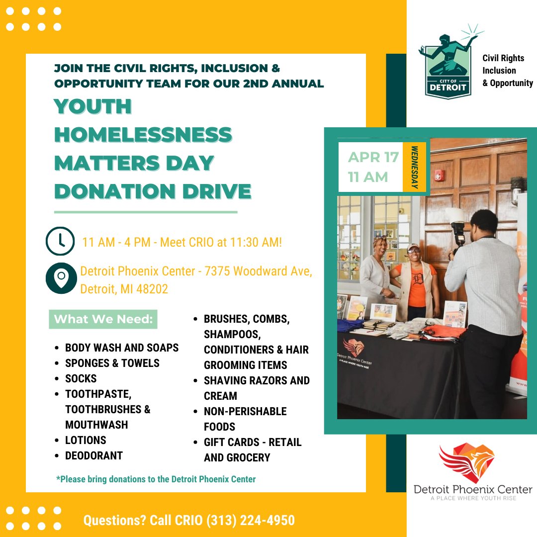 Hey #Detroit! 🌟 Join us and #takepart in our annual Youth Homelessness Matters Day Donation Drive Apr.17 in partnership with the Detroit Phoenix Center! Let's make a difference together! #EndYouthHomelessness #civilrights #humanrights #youthhomelessness #youthhomelessnessmatter