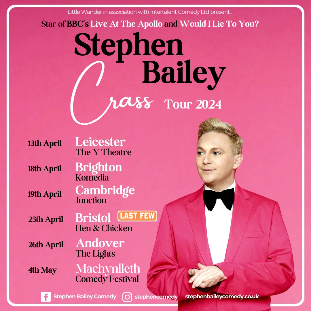 LEICESTER, BRIGHTON, CAMBRIDGE - you are out next few stops with availability and i would love to shift the final few tickets!! Do you know anyone in these fair places who will come? Tix here: linktr.ee/stephenbailey @TheYTheatre @KomediaBrighton @CambJunction