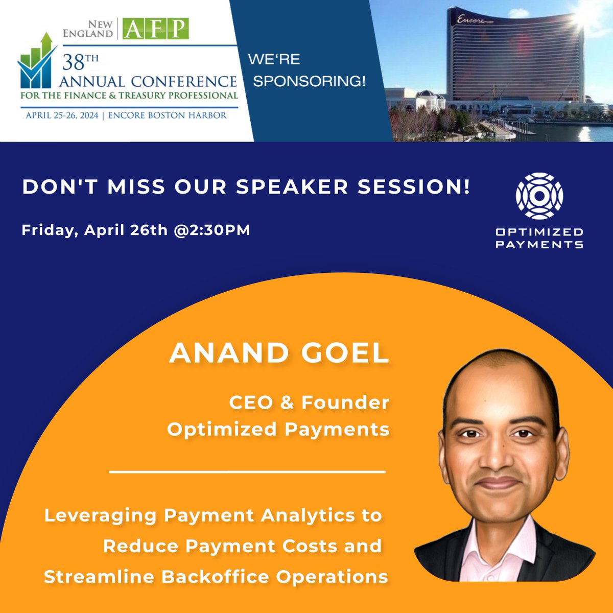 We're sponsoring the NEAFP annual conference! Don't forget to catch Anand Goel, our CEO & Founder, speaking on the impact of Payments Analytics! #optimizedpayments #tradeshow #payments