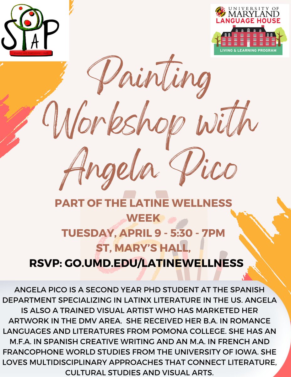 Brush up on your painting skills in tonight's painting workshop with Angela Pico for Latine Wellness Week! sllc.umd.edu/events/latine-…