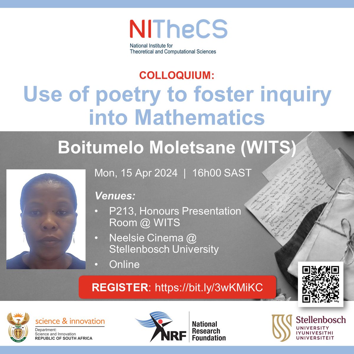 NITheCS Colloquium: 'Use of poetry to foster inquiry into Mathematics' - Boitumelo Moletsane (WITS) - Mon, 15 Apr @ 16h00. Attend in person or online. buff.ly/3JdxBmk #poetry #mathematics #mathpoetry