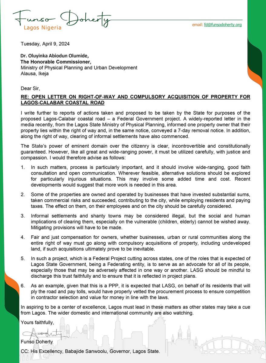 I wrote to the Lagos State Government on the Coastal Road Project. Here is the letter.