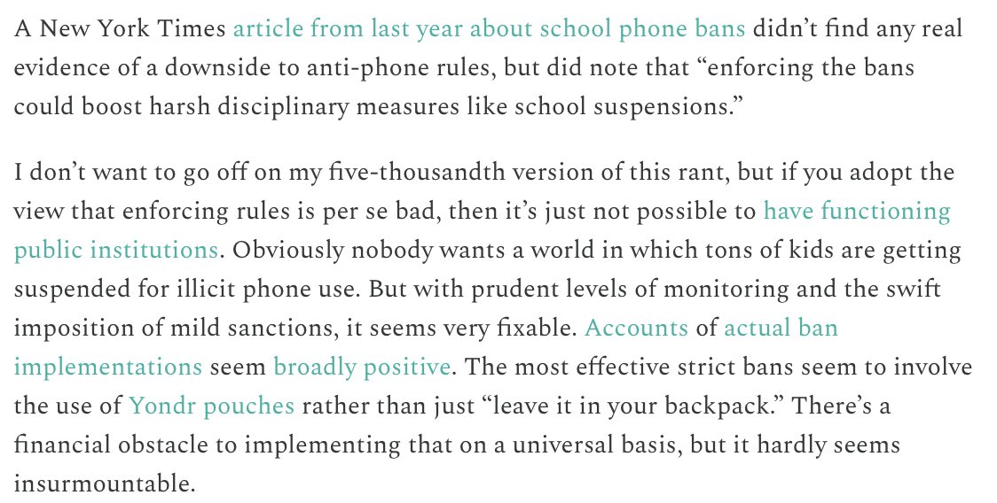 The main real critique of getting smartphones out of classrooms seems to be a kind of generalized aversion to the idea of enforcing any rules. slowboring.com/p/smartphones-…