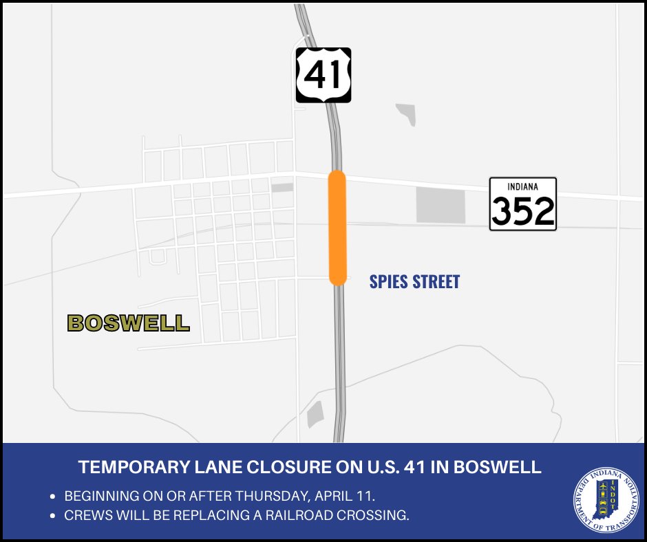 BEGINNING TODAY: (4/11) Crews will begin replacing the railroad tracks between S.R. 352 and Spies Street in Boswell. 🚧🚂 For more details on the project, click below. lnks.gd/2/2vBnz-6