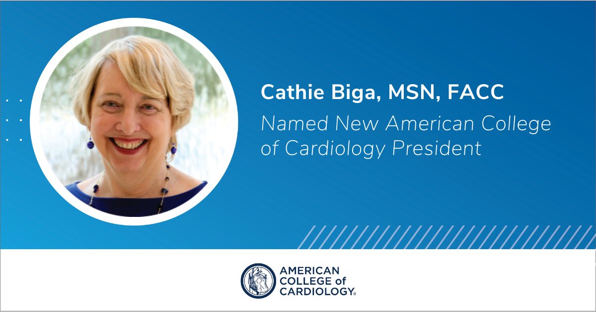 Cathie Biga, MSN, FACC, is the new #ACCPresident! “I’m excited to bring my own set of leadership skills and perspectives to the ACC as we kick off the first year of our new Strategic Plan and celebrate the College’s 75th anniversary,” @CathieBiga. bit.ly/4aMJTxo #ACC24