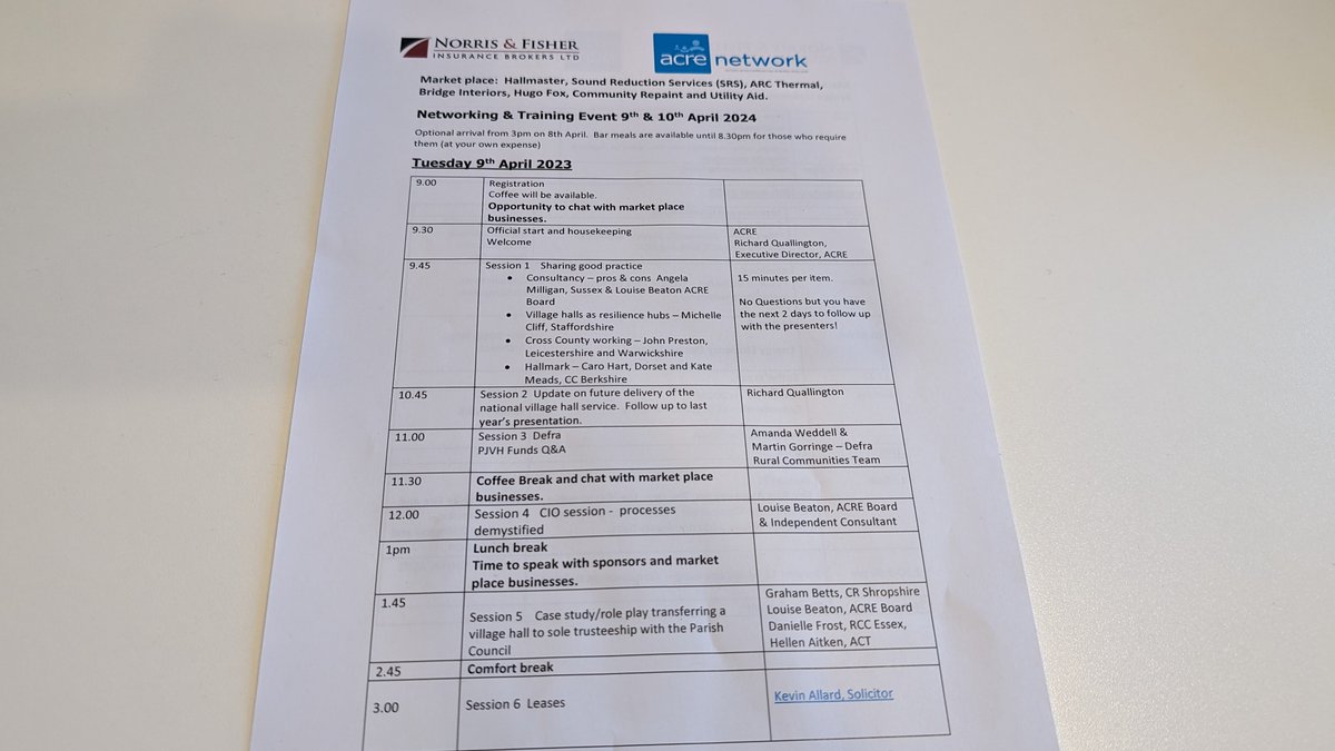 On the agenda at our training event for #ACRENetwork #villagehall advisers today ⬇️

💷Administering new <a href="/DefraGovUK/">Defra UK</a> grants
🌐Cross-county working
🧑‍⚖️Responding to technical enquiries about leases
⚡️Modernising the national information and advice service

acre.org.uk/vibrant-villag…