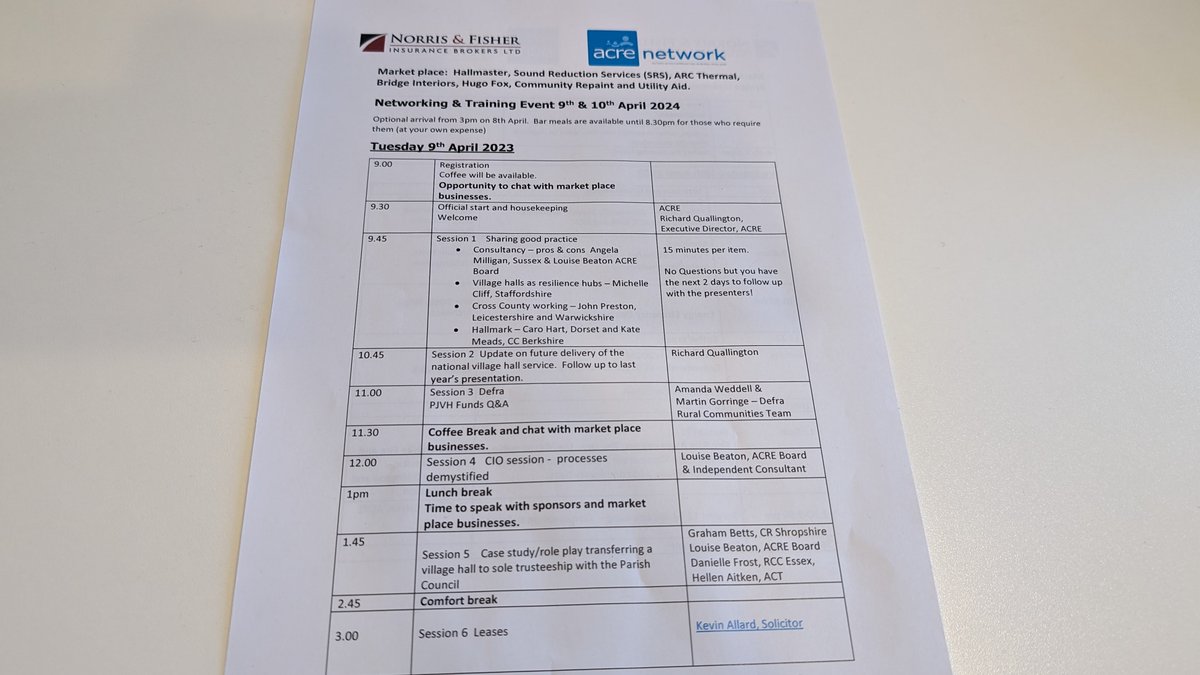 On the agenda at our training event for #ACRENetwork #villagehall advisers today ⬇️ 💷Administering new @DefraGovUK grants 🌐Cross-county working 🧑‍⚖️Responding to technical enquiries about leases ⚡️Modernising the national information and advice service acre.org.uk/vibrant-villag…