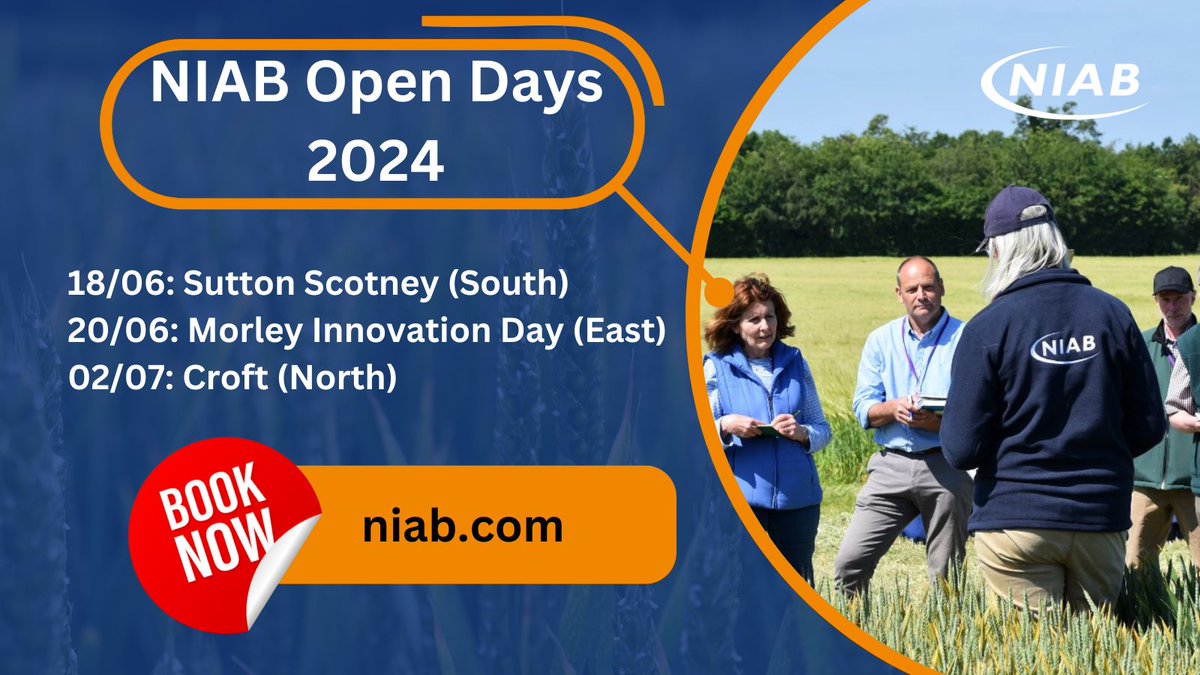 🚨NIAB Open Days are back for 2024! 🚨 Hear NIAB’s latest agronomy research, alongside impartial advice on arable crops. Interact with NIAB researchers and other industry experts with a mix of exhibits and field demonstrations. Book your FREE spot ➡️ ow.ly/RVYx50RbrYR