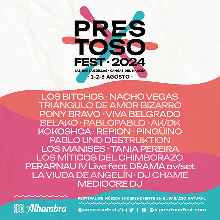 Prestoso Fest 2024 (@prestosofest) anuncia cartel completo. Con @LBitchos, @TABIZARRO, @NachoVegasTwit, @vivabelgrado, @ponybravo, @repionband… binaural.es/noticias/prest…