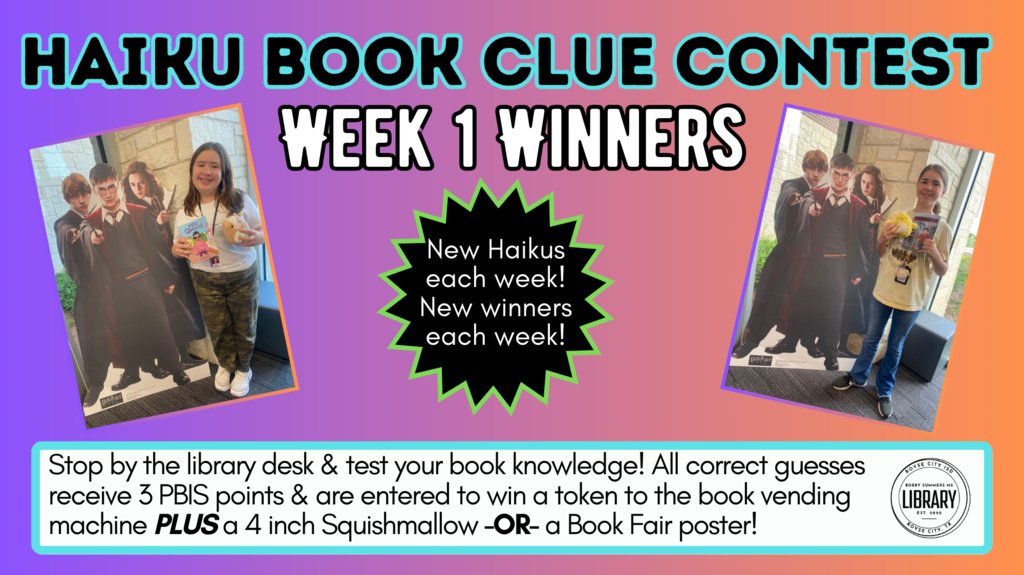 BobbySummersMS's tweet photo. Congratulations to our 'Book Clue Haiku' winners for week 1 of Poetry Month! Stop by the library each week for a new haiku and another chance to win! #poetrymonth #RCISDLibraries https://t.co/vHMDQqUj2z