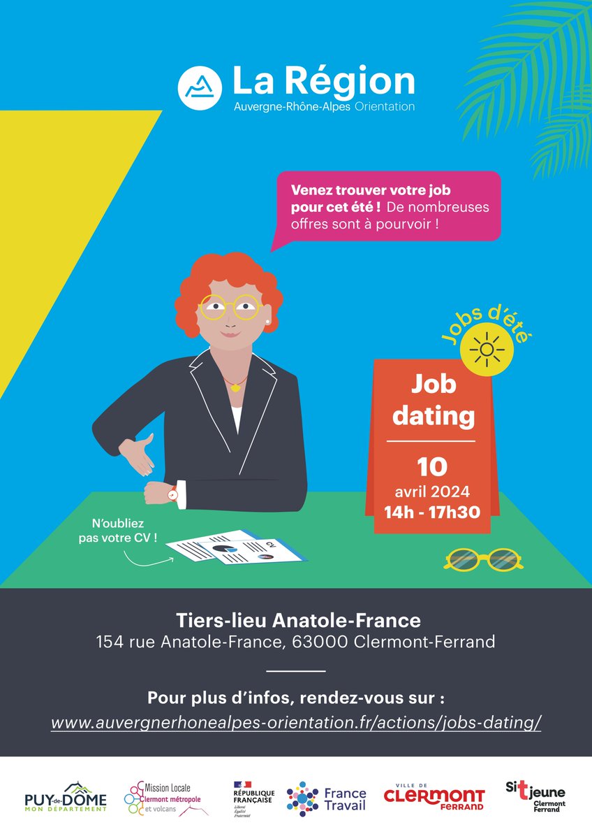 🔔 J-1 avant le job dating spécial jobs d’été organisé par @AURAOrientation et ses partenaires ! Venez rencontrer des employeurs et trouver votre prochain job d’été ☀️ 📅 mercredi 10 avril 🕑 14h-17h30 📍 Tiers-Lieu Anatole France, @ClermontFd (63) ➡️ bit.ly/3rSWKKp