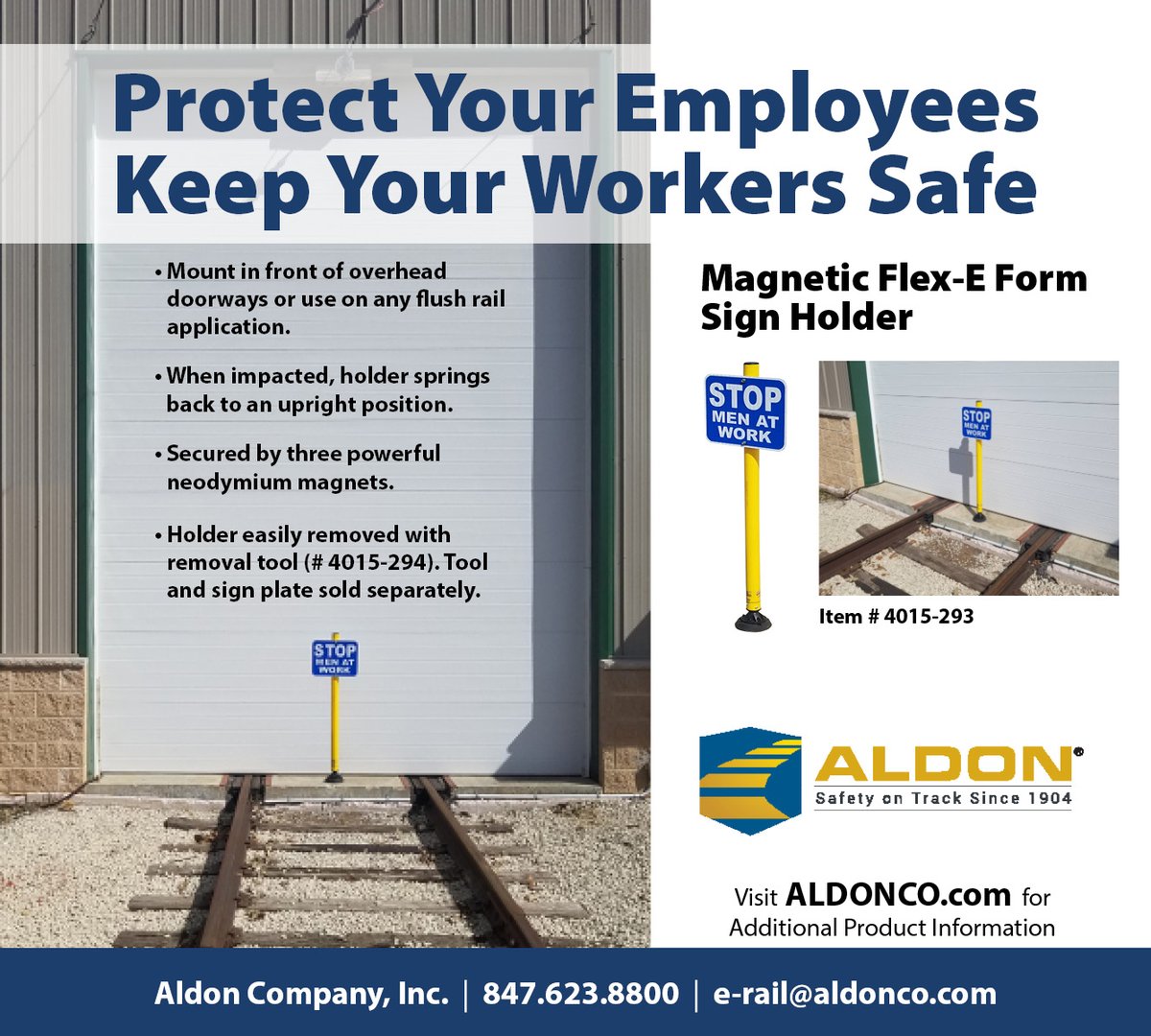 Avoid injuries and keep employees safe while cars are being worked. Use on any flush rail application or mount in front of overhead doorways.
#railway #railwaysafety #safetyfirst #railwayrepair #safetyrepair #railyards #trackworker #railwayindustry #safetyproducts #aldoncompany