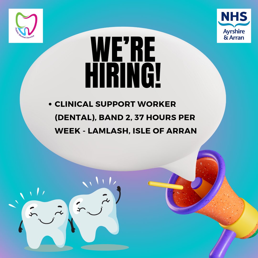 Public Dental Service Vacancy 

We are recruiting for a Clinical Support Worker as part of our #Dental team on the #IsleofArran.

Please note the applicant must live on #Arran. 

Full details of the #vacancy can be found by following this link: apply.jobs.scot.nhs.uk/Job/JobDetail?…