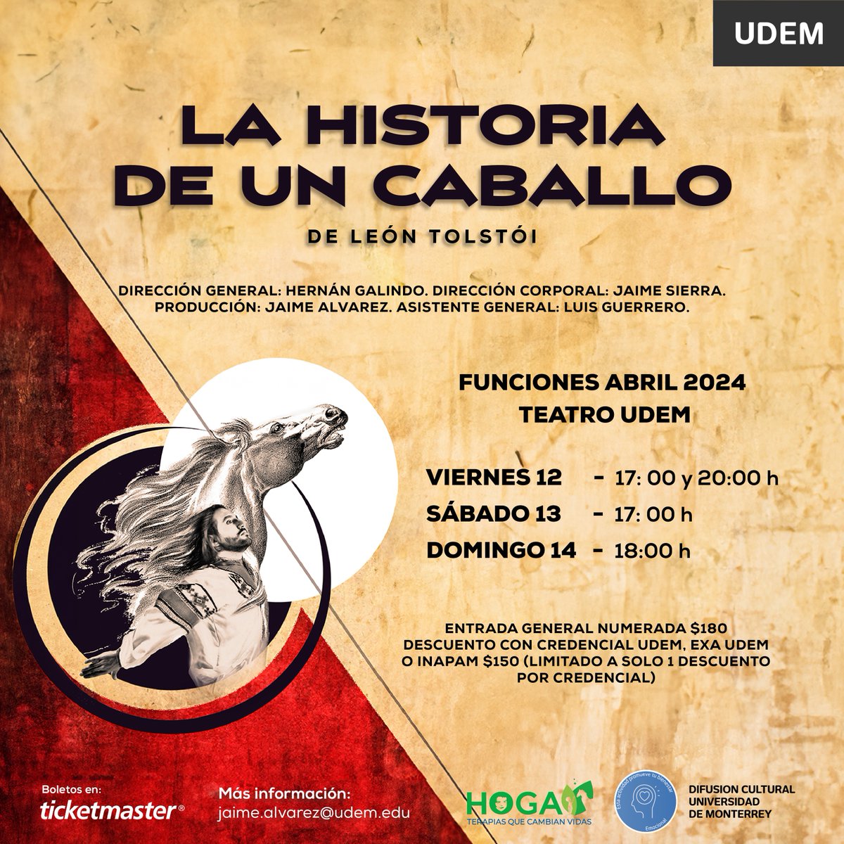 ¡No te pierdas La Historia de un Caballo! 🐎🎭 Una obra dentro de nuestro Teatro UDEM 👏 🗓 12, 13 y 14 de abril ¡Te esperamos! ✨ #InspirandoTuMejorVersión