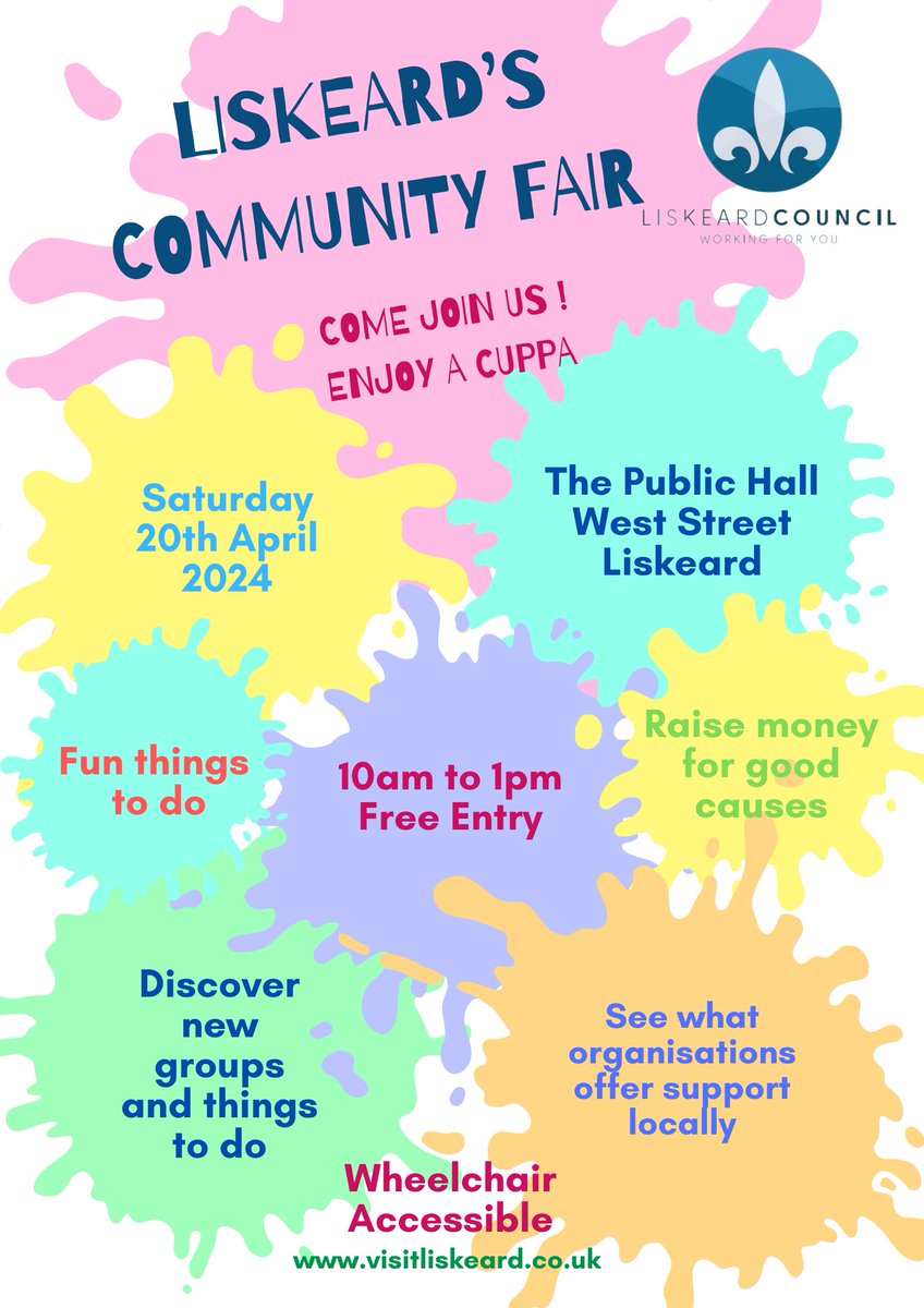 @Liskerrett is a fantastic hub in #Liskeard, come along to #LiskeardCommunityFair and find out about all the groups that meet there, the amazing vegetarian café, the cinema and other events they have going on, there's something for everyone

10-1, Sat 20 Apr, Public Hall