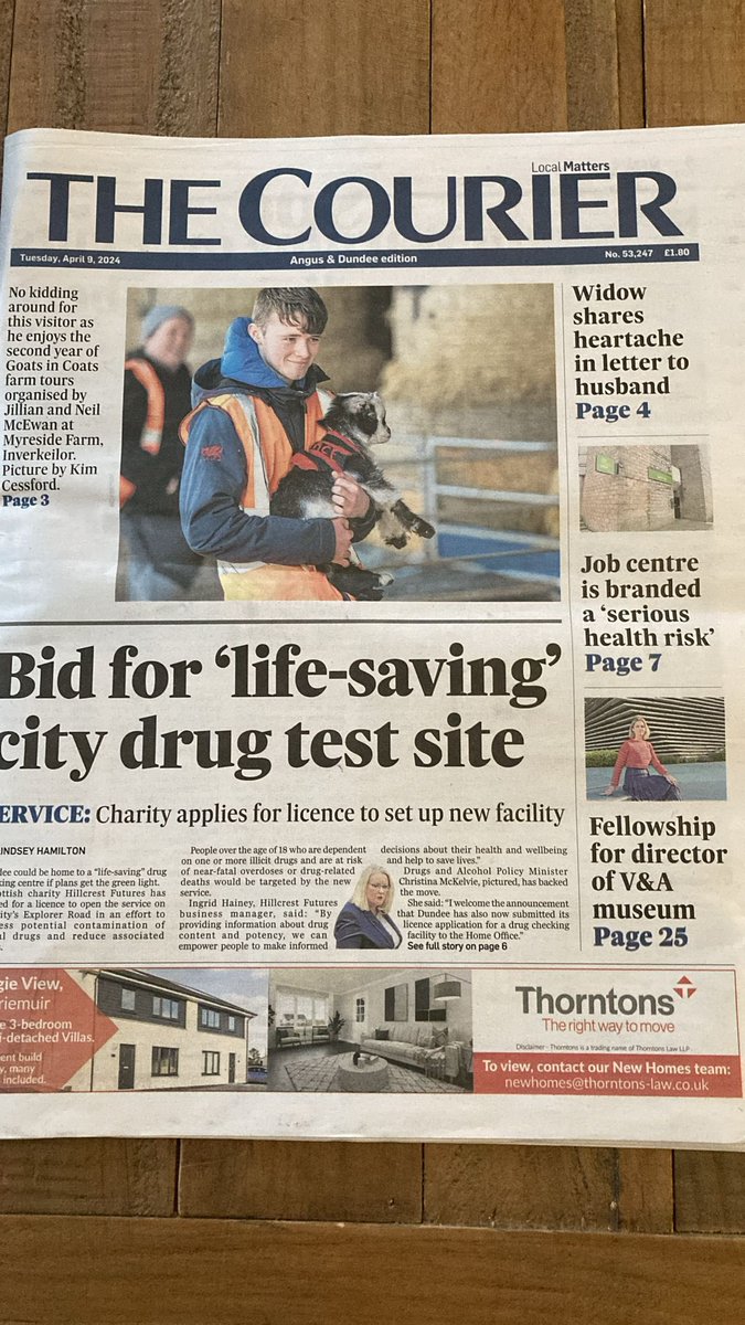 Goats in Coats 2024, featuring Georgie in his Dennis the Menace coat makes front page in today’s @thecourieruk 🎉🎉Read more: thecourier.co.uk/fp/news/angus-…