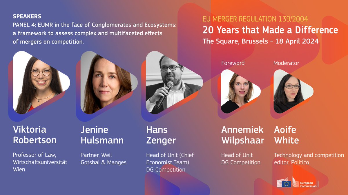Next week DG Competition will host the #20yearsEUMR Conference 🗣️

🗓️18 April
📍 In Brussels - Online

Panel 4 speakers👇
🎙️ Viktoria Robertson

🎙️ Jenine Hulsmann

🎙️ Hans Zenger

Moderated by <a href="/aoifewhite101/">Aoife White</a> from <a href="/POLITICOEurope/">POLITICOEurope</a>  
 
All info🔽
🔗europa.eu/!XcqgQK