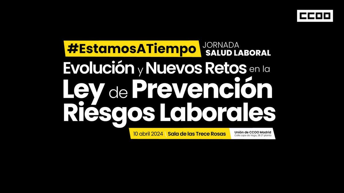 Mañana 10 de abril, con motivo del Día Internacional de la Seguridad y la Salud en el Trabajo, desde las 11:00 celebramos la jornada Evolución y Nuevos Retos en la Ley de Prevención de Riesgos Laborales

#EstamosATiempo
#28Abril
