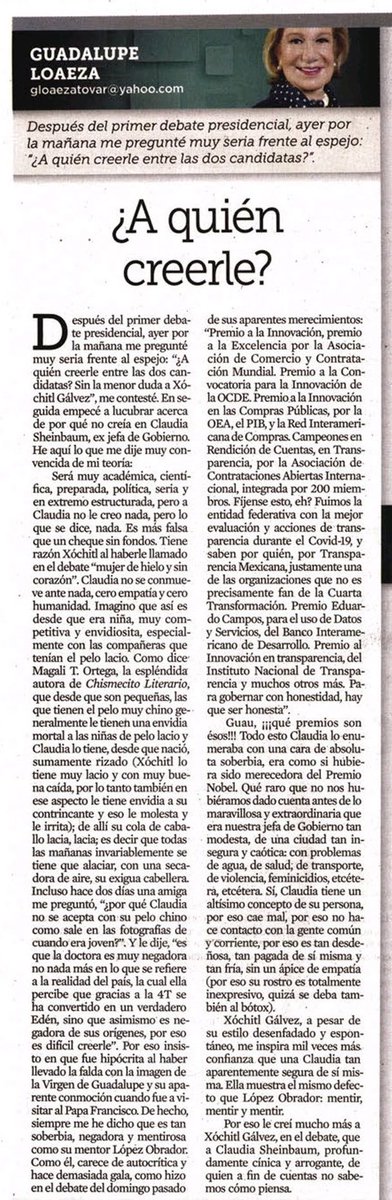 Dice Guadalupe Loaeza en las páginas del @Reforma que Claudia le tiene envidia a Xóchitl por su pelo lacio. Este país no se merece este nivel de debate público.