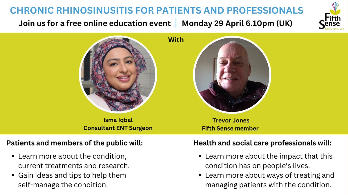 Would you like to learn more about Chronic Rhinosinusitis? If you are affected by Chronic Rhinosinusitis or are supporting others who are living with the condition, then please join us for a free online education event. To register click here fifth-sense.eventcube.io/events/58584/c…