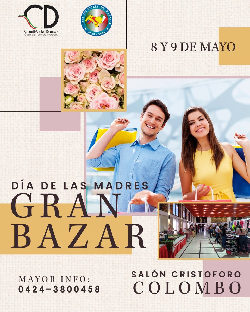¡Se viene el evento dedicado a todas las madres!

El Comité de Damas👩🏻 de la Casa de Italia de Maracay🇻🇪🇮🇹 te invita al

Gran Bazar del día de las Madres🛍️✨

Este próximo 8 y 9 de mayo🗓️

#somoscasitalia #casaitaliamaracay #bazar #diadelasmadres #madres #regalos