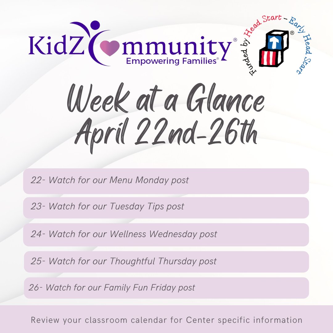 Week At A Glance for April 22nd-26th

Contact your Site Staff, Family Advocate, or Home Visitor for details 💜

#HeadStart #EarlyHeadStart #EarlyLearning #EmpoweringFamilies #GetAHeadStart #FamilyWellBeing #ComePlayWithUs #NowHiring #NowEnrolling #PlacerCounty #NevadaCounty