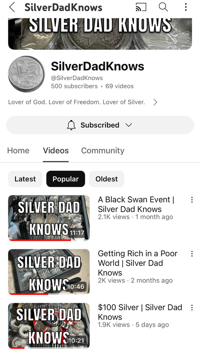Officially just hit 500 subscribers on my YouTube Channel: SilverDadKnows 🪙 If you’re a silver/gold stacker + you own cryptocurrency, this channel is for you! youtu.be/OrpwgY4SS48?si…