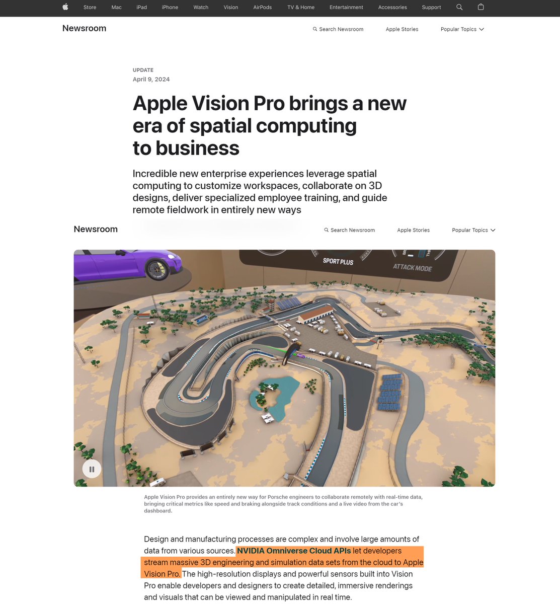 NEW Apple Vision Pro highlights on spatial computing for business being transformative and mentions NVIDIA Omniverse as a bridge for these developers.

Its all connected $RENDER 🤝 $AAPL 🤝 $NVDA 🚀🚀