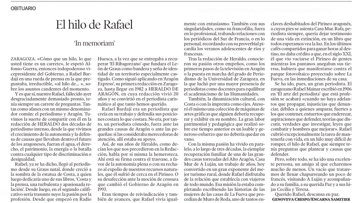 Hoy hemos despedido a un gran amigo, Rafael Bardaji, con quien compartimos muchas horas de periodismo y de amistad en @Heraldo Tiempos inolvidables, como va a ser Rafael. Para despedirlo, hemos escrito con @encarnasamitier estas líneas. Se han quedado cortas.