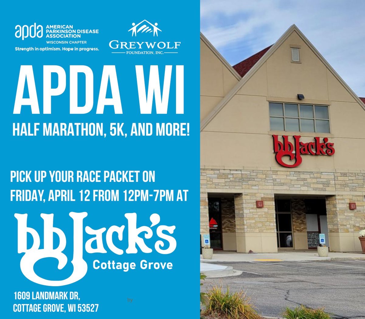 GreywolfGiving's tweet photo. Friendly Reminder: Packet Pick-Up is happening at BB Jack's Cottage Grove this week Friday, April 12th from noon-7pm! 

If you can't make it, no stress - you can still grab your packet the morning of the event.

#PacketPickUp #ExcitedForTheEvent https://t.co/rznP24EuXs https://t.co/FjW1IHqDkg
