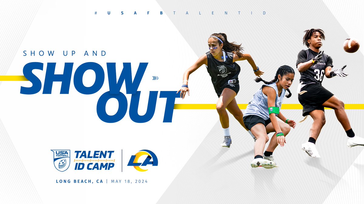 We're coming back to SoCal with the @RamsNFL 😎 Our National Team Talent ID Camp in LA is set for May 18! Register at the link below and prove that you are the next great 🚩🏈 athlete ⤵️ 🔗 bit.ly/3TUPPO6 #USAFBTalentID | @RamsCommunity