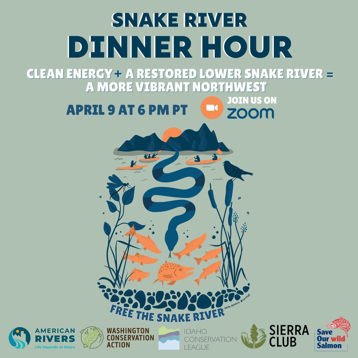 🐟 Join us on April 9th at 6:00pm PT for the Snake River Dinner Hour: Clean energy + a restored lower Snake River = a more vibrant Northwest. RSVP HERE: buff.ly/43UsDnJ