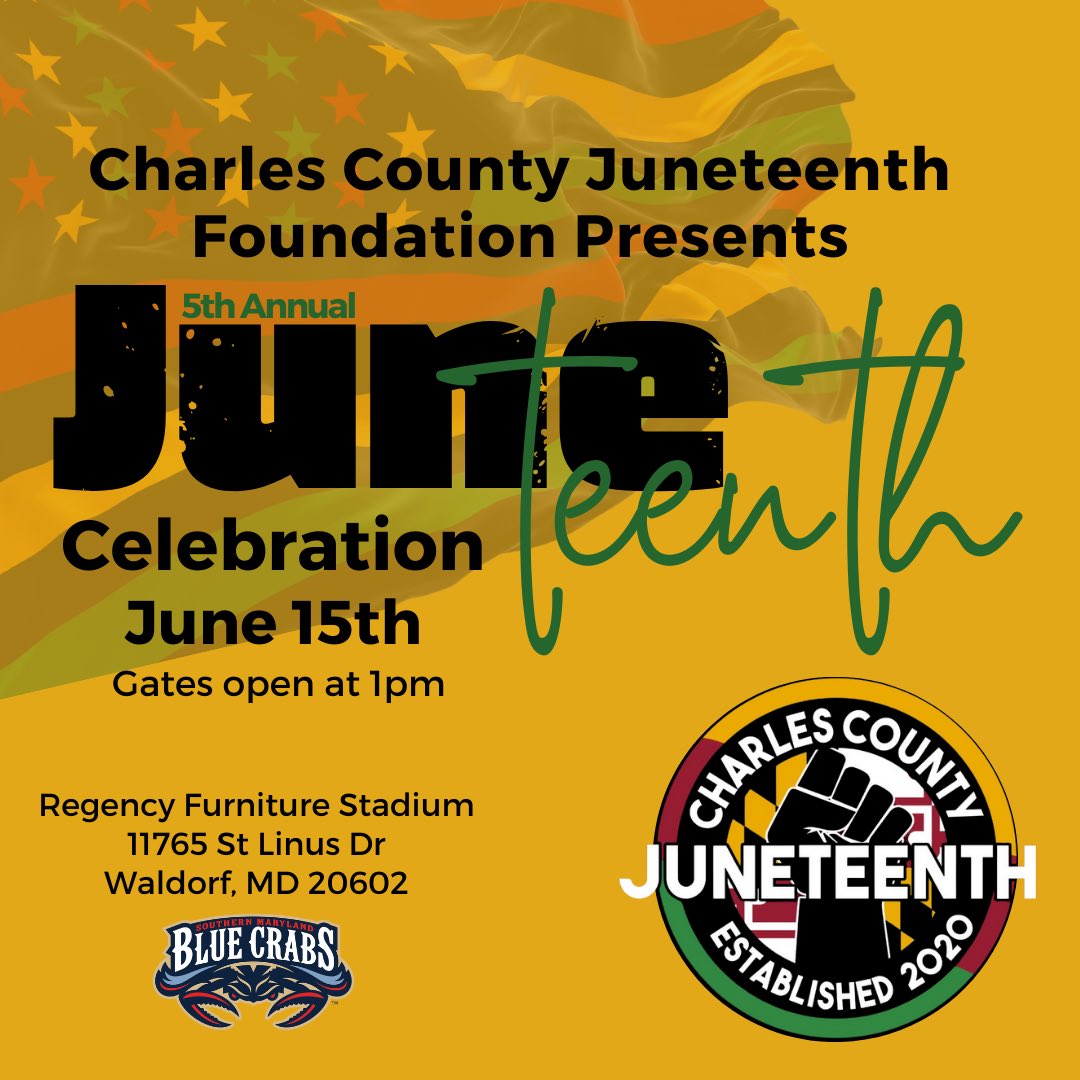 This year, the Blue Crabs will play host to the 5th Annual Charles County Juneteenth Foundation Juneteenth Celebration! 🎆

Mark your calendars as we celebrate everything Juneteenth stands for with performances, ethnic food, an oratory competition, and more!

#RingChasing💍