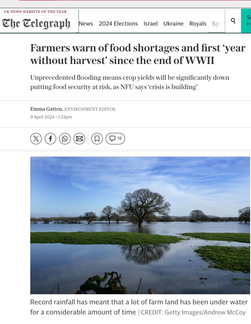 Thanks to 6 months of flooding, we like many other farms will have no wheat this year. What we managed to drill has rotted and fields are still flooded in mid April. That this govt has decided to implement Brexit checks now as we are facing food shortages needs to be