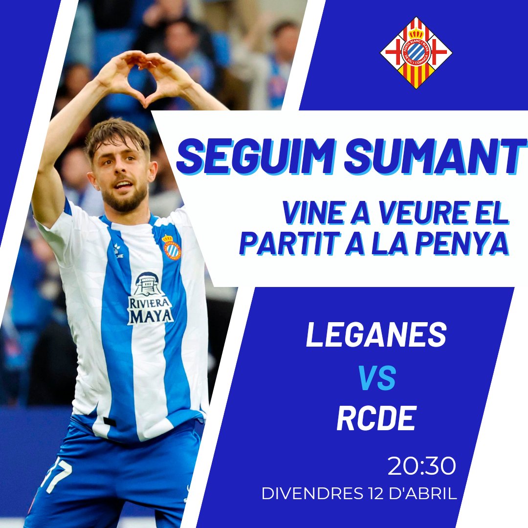 Divendres obrim el local de la penya per veure el partit contra el Leganés, porta sopar i gaudeix del partit amb nosaltres. A partir de les 20 h ja t'estarem esperant. #RCDE @RCDEspanyol @fcp_espanyol