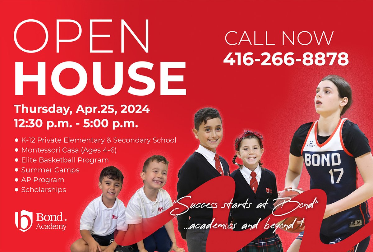 BondBondAcademy's tweet photo. Bond Academy Spring OPEN HOUSE

Thursday, April 25th, 2024, from 12:30 p.m. to 5:00 p.m.  You and your family will be able to visit Bond Academy, receive a tour of our facilities, meet staff, ask questions and observe our students and teachers in their programs. https://t.co/HU0j2zb7cW