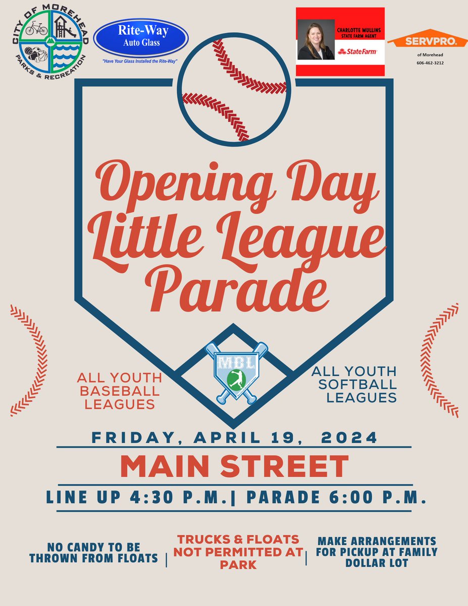 Join us next Friday, April 19 on Main St. at 6 p.m. for our Opening Day Little League Parade!
Let's officially kick-off the Youth Baseball and Softball Leagues by supporting the players and coaches!