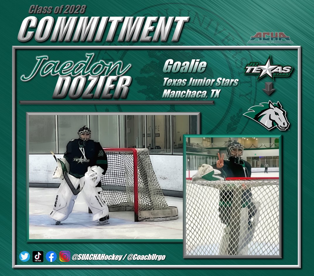🚨 Commitment Alert 🚨

We are pleased to announce another commitment for fall of '24 and the class of '28!

Welcome G- Jaedon Dozier to the Stevenson ACHA Hockey family!

Jaedon comes to us from the Texas Jr. Stars!

#LL24 #family #greenhorses #rollstangs #collegehockey