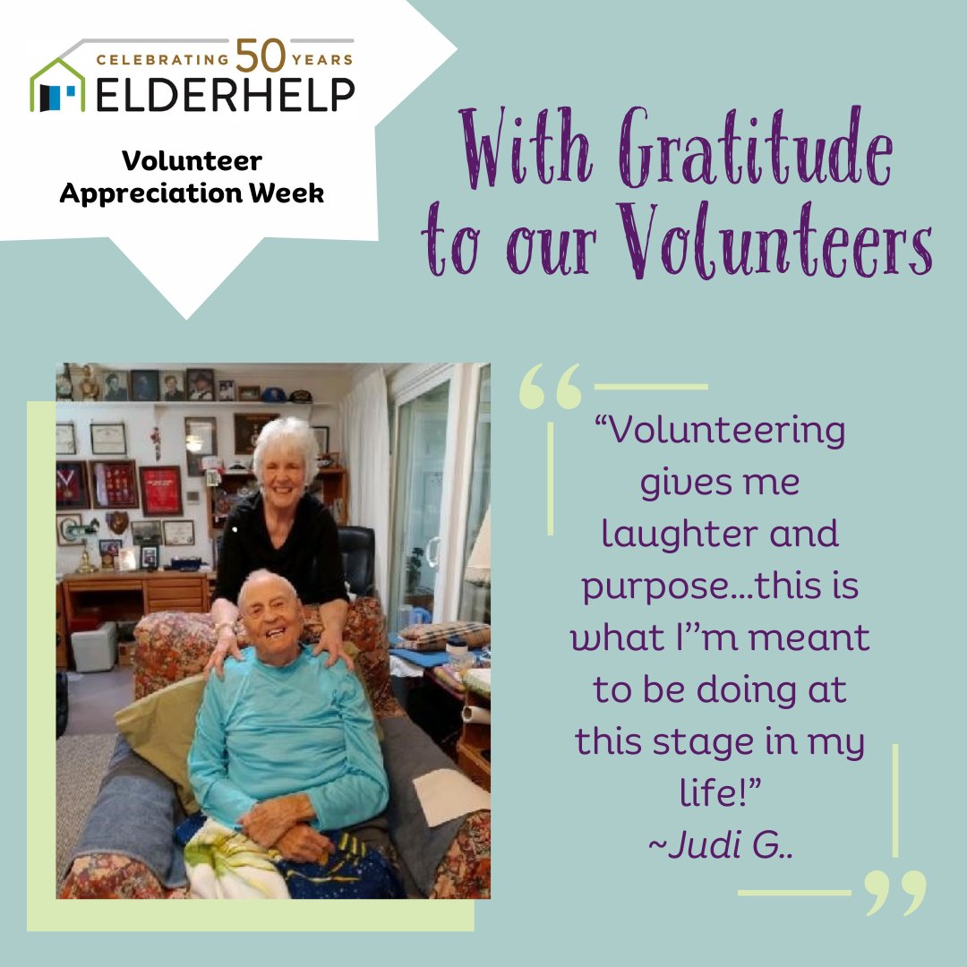 💜💙VOLUNTEER APPRECIATION! More than 1,000 seniors receive monthly services like friendly visits, phone calls, and pantry deliveries--thanks to 350+ ElderHelp volunteers. We celebrate you and thank you for your service. #volunteerappreciation #payitforward #communityservice