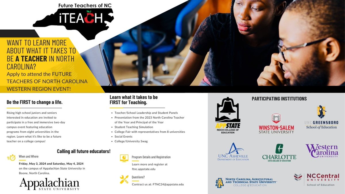 Calling all future teachers in western NC! Have you registered for the Future Teachers of North Carolina event on May 3-4 at @appstate? This FREE, immersive two-day event will highlight education programs from 8 UNC System universities! ✏️ ow.ly/fQQ750R2aaY @AppstateRCOE