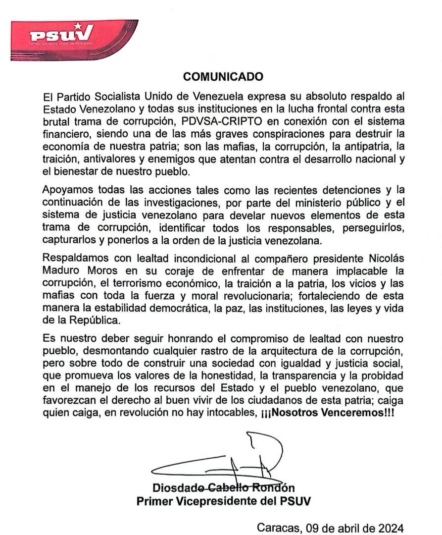 COMUNICADO 📝 de nuestro glorioso Partido Socialista Unido de Venezuela @PartidoPSUV #CaigaQuienCaiga