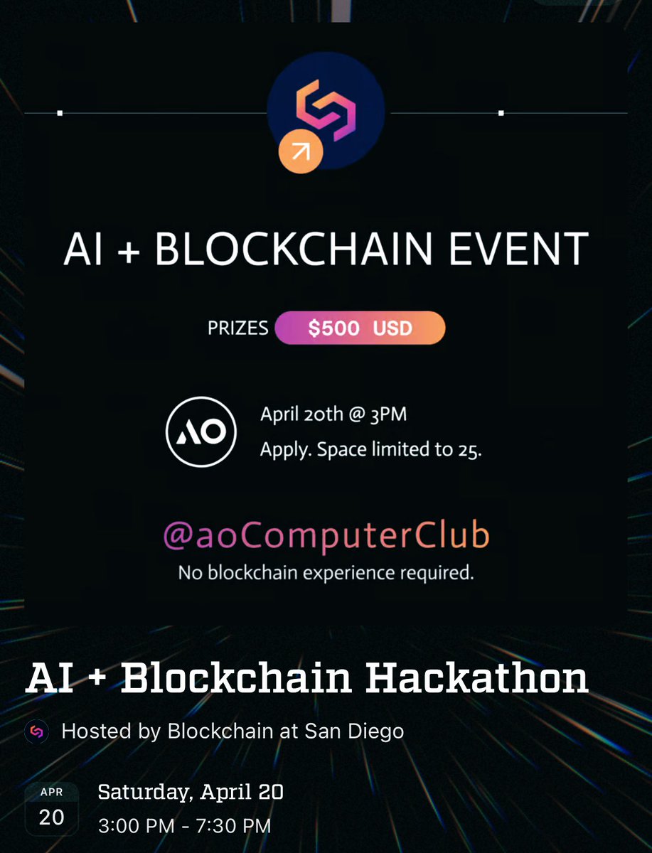 First IRL build challenge with ao Computer Club happening in April via <a href="/BlockchainAtSD/">Blockchain at San Diego</a>.

🤖 4 hours of autonomous agent modifications &amp; more.

If you’re interested in hosting one too, send a DM.