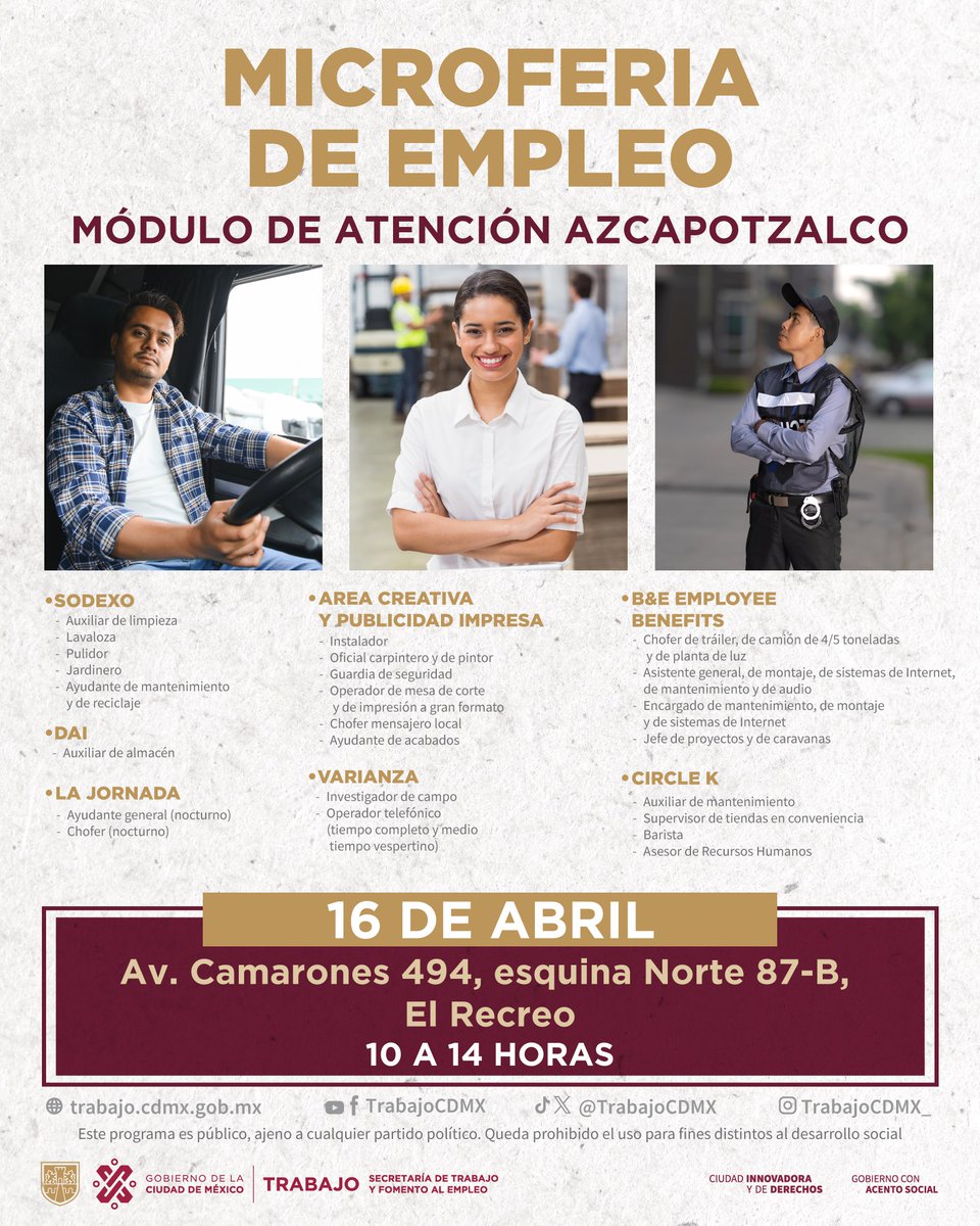 ¡Asiste a la Microferia de Empleo! 🚀🧑‍💼👨‍🏭👨‍🏭 Se llevará a cabo el 16 de abril de 10 a 14 horas en Azcapotzalco, lleva identificación oficial y solicitud de empleo elaborada. 📍Av. Camarones 494, esquina Norte 87-B, El Recreo. #TrabajoEnLaCiudad 🏙️✨