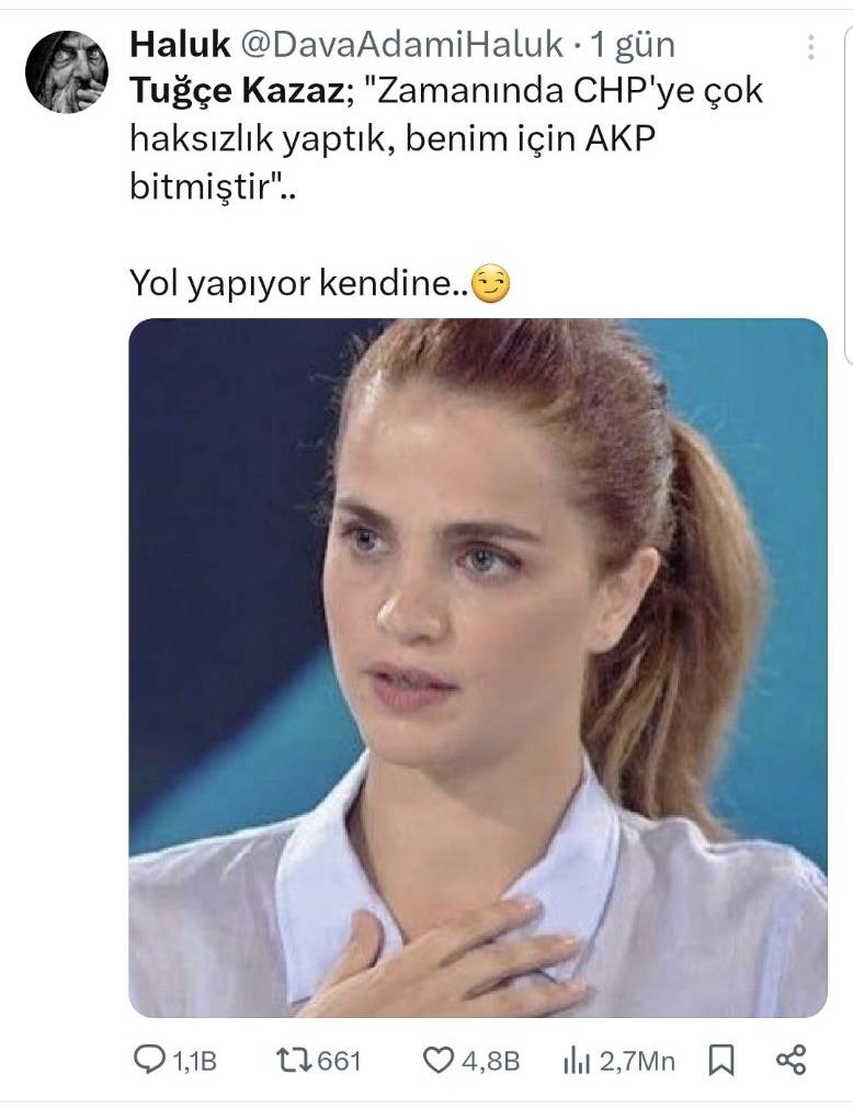 tugce_kazaz1's tweet photo. 😂😂😂 Benim niye bundan haberim yok? Biraz ahlak, şeref, haysiyet diyeceğim ama zaten bunlarda sıkıntı olduğu için yapıyorsunuz. Bu haliyle CHP’ye hiçbir zaman doğrudan veya dolaylı destek vermeyeceğim. Vazgeçin bu sevdanızdan. AK Parti de bitmedi. Yeniden başlatmak için sadece reset attık. Bu şansı heba etmezse çok daha güçlü geliyor. Eminim seçim sonuçları Ak Parti’den çok CHP için sürpriz olmuştur zira halk CHP'yi hiç beklemediği ve bilmediği bir konuda, yani hizmetle görevlendirdi. Bu görevi yapmaz, ülke ve millet menfaati için koşturmazsa bir sonraki seçim CHP diye bir parti kalmaz. Zira kendi oyuyla kazanmadı. Onun için şansınızı zorlamayın ve bu şansı halkla uğraşmak yerine halka hizmetle geçirin. Yoksa halkın giydirdiği o ateşten gömlek evvela CHP'yi yakacak. Ayrıca düşünsenize, Ak Parti bu seçimi de kazansaydı yenilenmeden bu kadar tepki, sorun ve kutuplaşma ikliminde bir sonraki genel seçimlerde başarılı olabilir miydi?