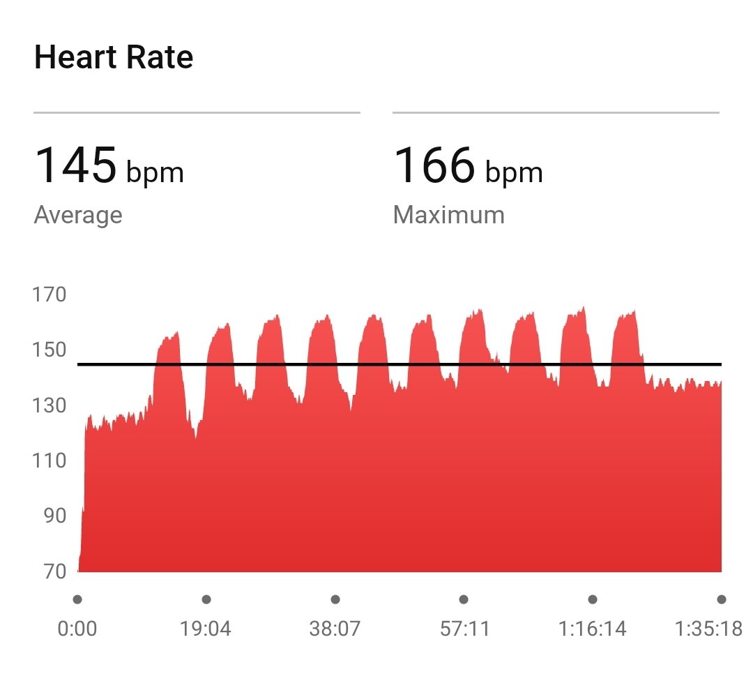 Week 9, Day 2 of OC Marathon training. 

Speedwork.  10 mi. No incline. 

-1 mi @ 5.5 mph
-10 Yasso 800s: 3:45 intervals @ 8 mph/5 mph
-0.85 mi @ 5.5 mph 

Finish time: 1:35:18
Avg pace: 6.3 mph (9:31 min/mi)
Avg heart rate: 145 bpm
Elev gain: 0 ft

#ComicConFit #running