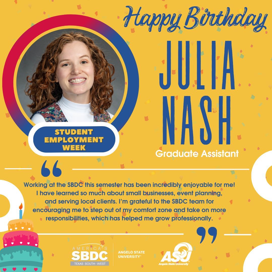 ASUSBDC's tweet image. Today, we celebrate #NationalStudentEmploymentWeek and Julia Nash&apos;s Birthday 🎉🎓. Cheers to her dedication to student employment and professional growth. Happy Birthday Julia! 🌟🎂 
#ASUSBDCStudentEmploymentWeek #WorkLearnGrow #RamFam.