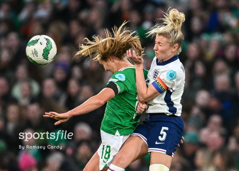 Kyra Carusa of Republic of Ireland up against Leah Williamson of England during the UEFA Women's European Championship qualifier at the Aviva Stadium tonight. 📸 @ramseycardy sportsfile.com/more-images/77…